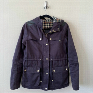 Topshop-Navy Utility Lightweight Jacket With Plaid Hood/Gold Hardware